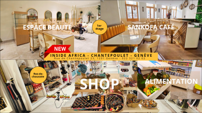 Photo à l'intérieur du magasin Inside Africa Genève, incluant le Centre Ville, le Centre Culturelle, l'Espace Salon de Coiffure, le Sankofa Café et l'Alimentation.