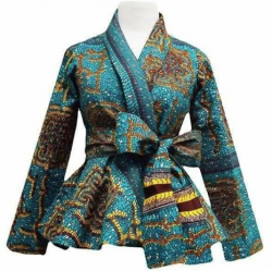Turquoise, brown & yellow African print jacket